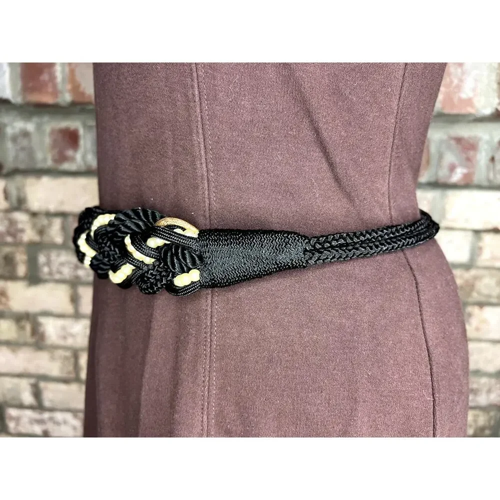 rope chord belt black gold faux pearls boho vintage 1980s